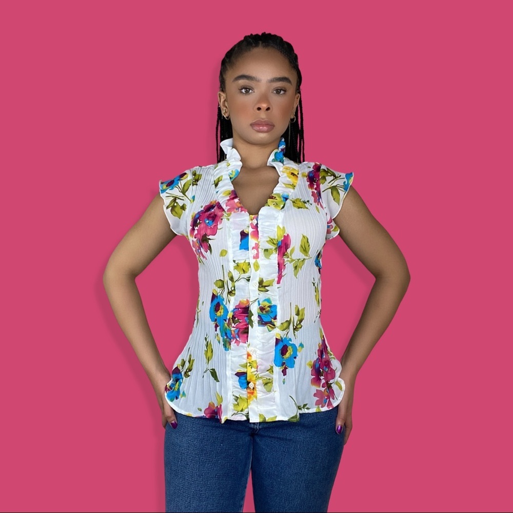 Sheer Floral Ribbed Button Up